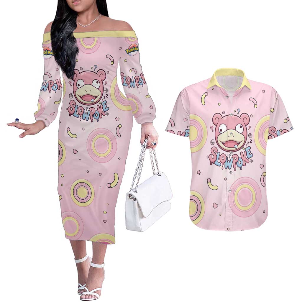 Slowpoke Couples Matching Off The Shoulder Long Sleeve Dress and Hawaiian Shirt Sleepy Bubblegum Daydream Art