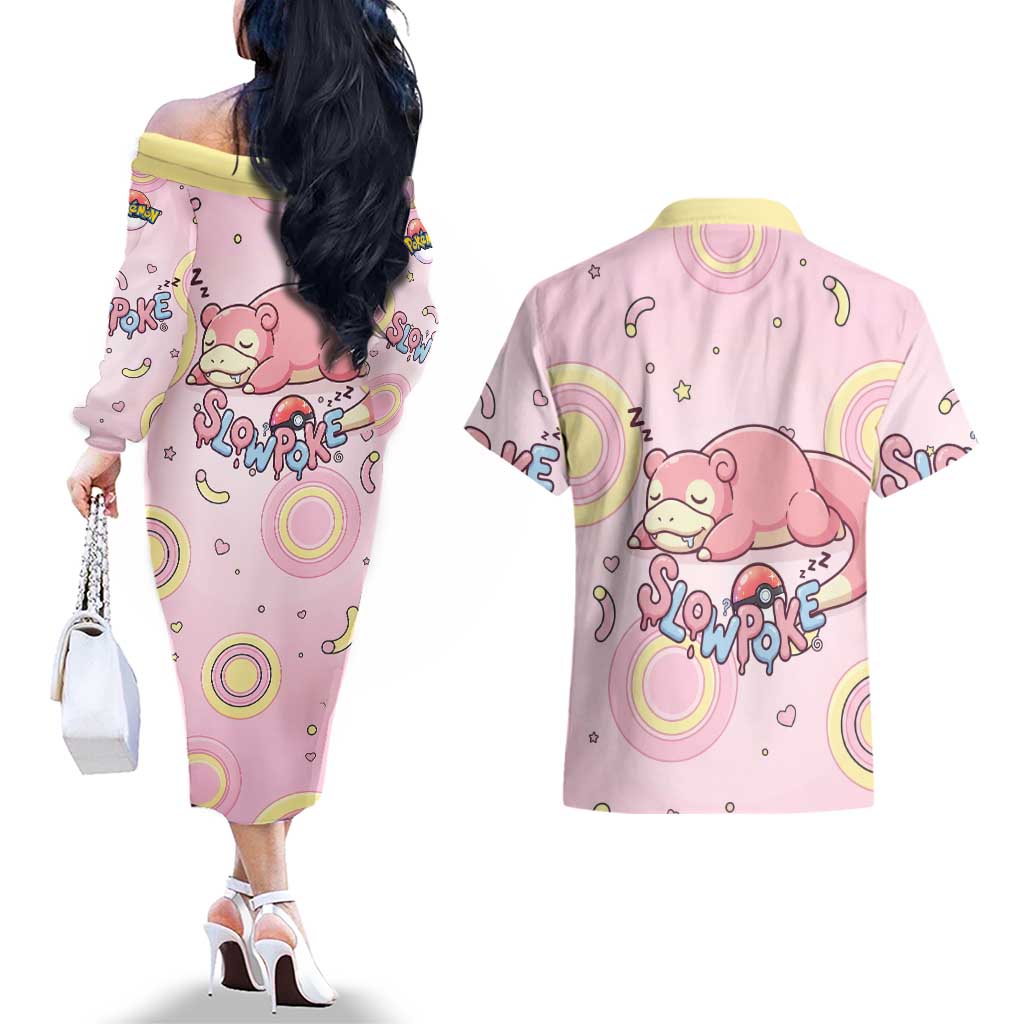 Slowpoke Couples Matching Off The Shoulder Long Sleeve Dress and Hawaiian Shirt Sleepy Bubblegum Daydream Art