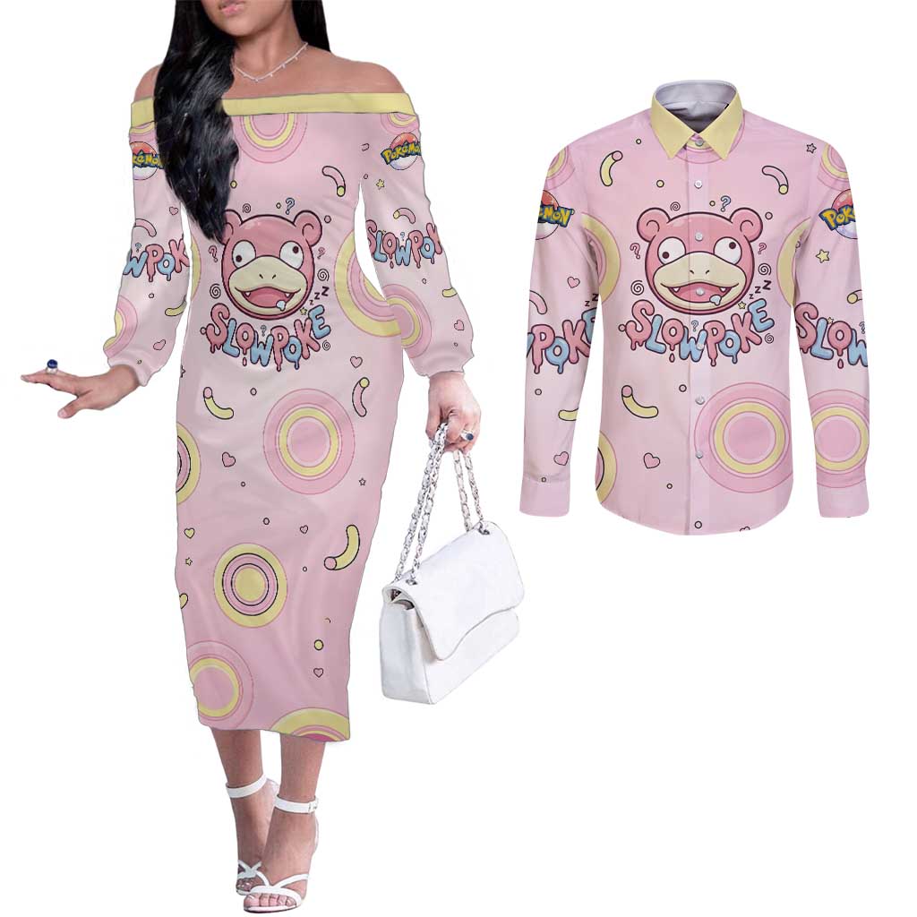 Slowpoke Couples Matching Off The Shoulder Long Sleeve Dress and Long Sleeve Button Shirt Sleepy Bubblegum Daydream Art
