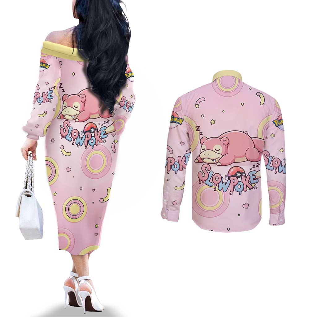 Slowpoke Couples Matching Off The Shoulder Long Sleeve Dress and Long Sleeve Button Shirt Sleepy Bubblegum Daydream Art