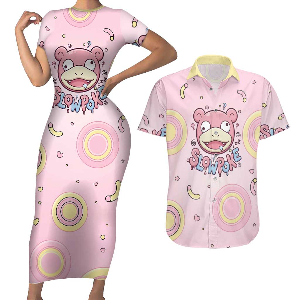 Slowpoke Couples Matching Short Sleeve Bodycon Dress and Hawaiian Shirt Sleepy Bubblegum Daydream Art