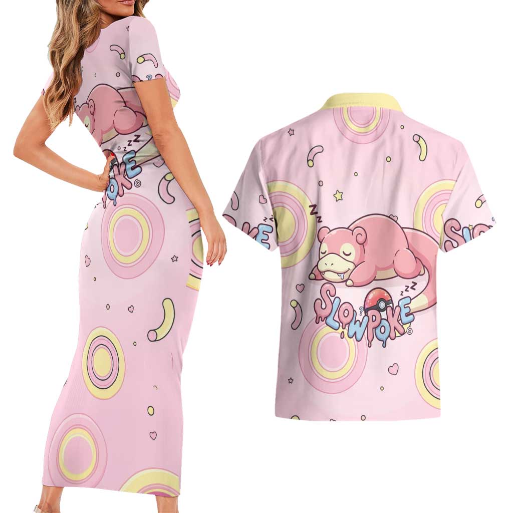 Slowpoke Couples Matching Short Sleeve Bodycon Dress and Hawaiian Shirt Sleepy Bubblegum Daydream Art