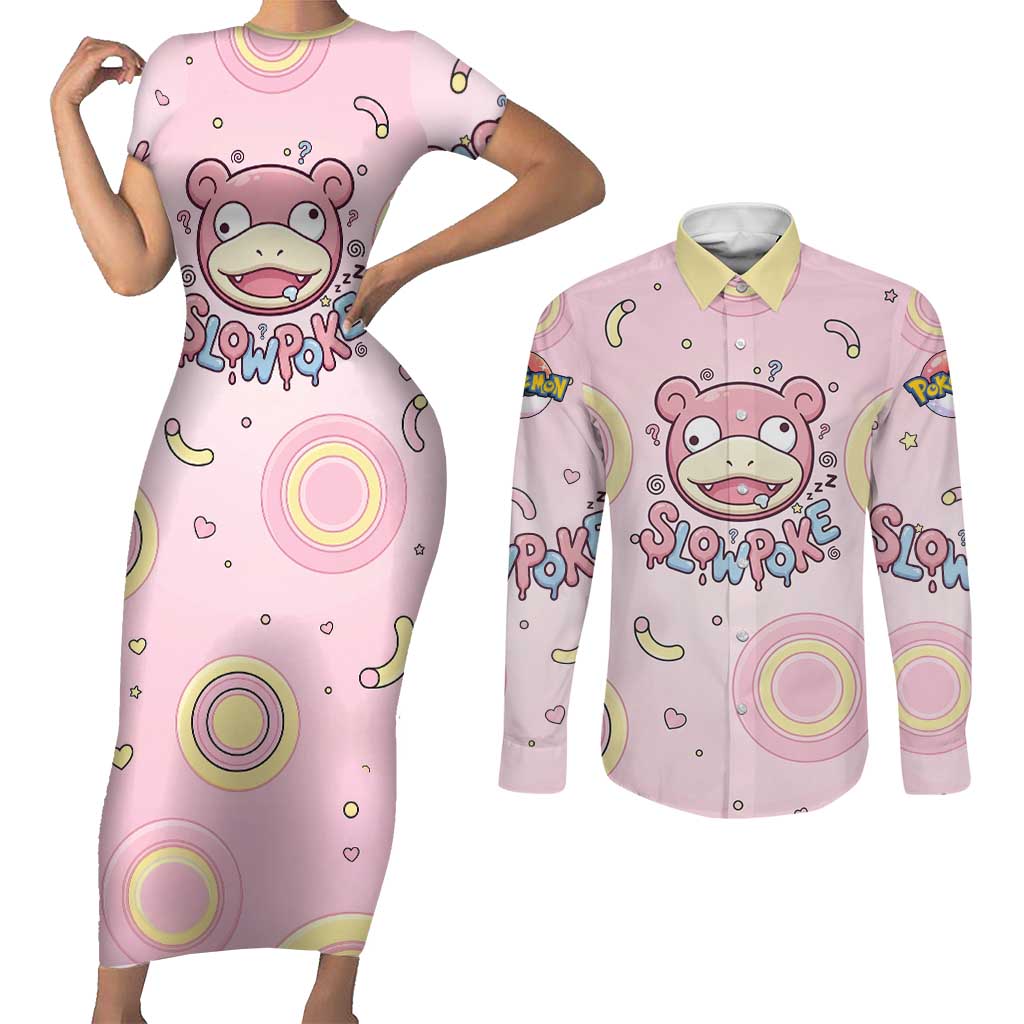 Slowpoke Couples Matching Short Sleeve Bodycon Dress and Long Sleeve Button Shirt Sleepy Bubblegum Daydream Art
