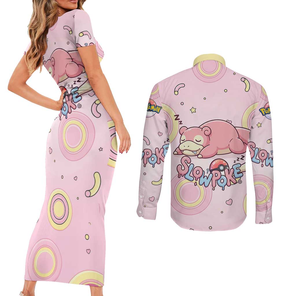 Slowpoke Couples Matching Short Sleeve Bodycon Dress and Long Sleeve Button Shirt Sleepy Bubblegum Daydream Art