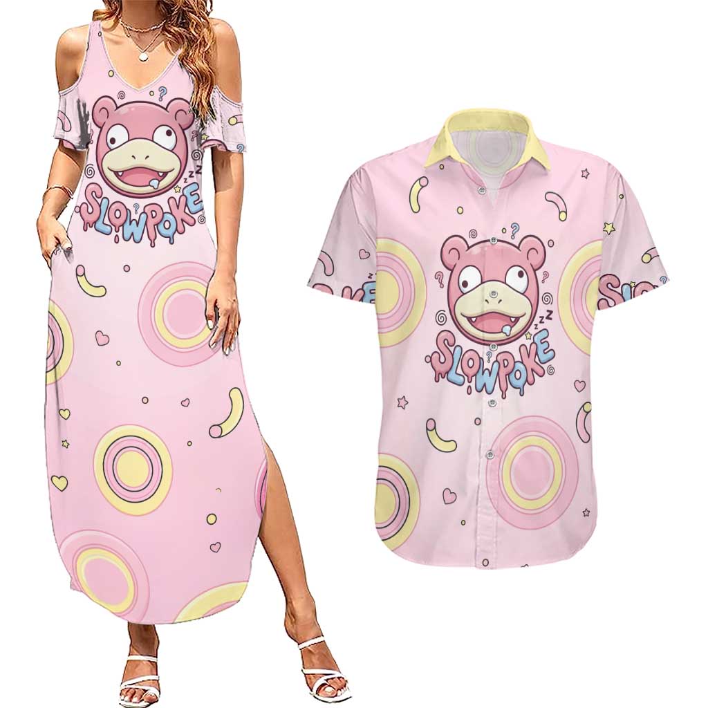 Slowpoke Couples Matching Summer Maxi Dress and Hawaiian Shirt Sleepy Bubblegum Daydream Art
