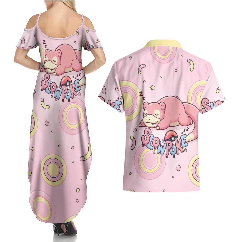 Slowpoke Couples Matching Summer Maxi Dress and Hawaiian Shirt Sleepy Bubblegum Daydream Art
