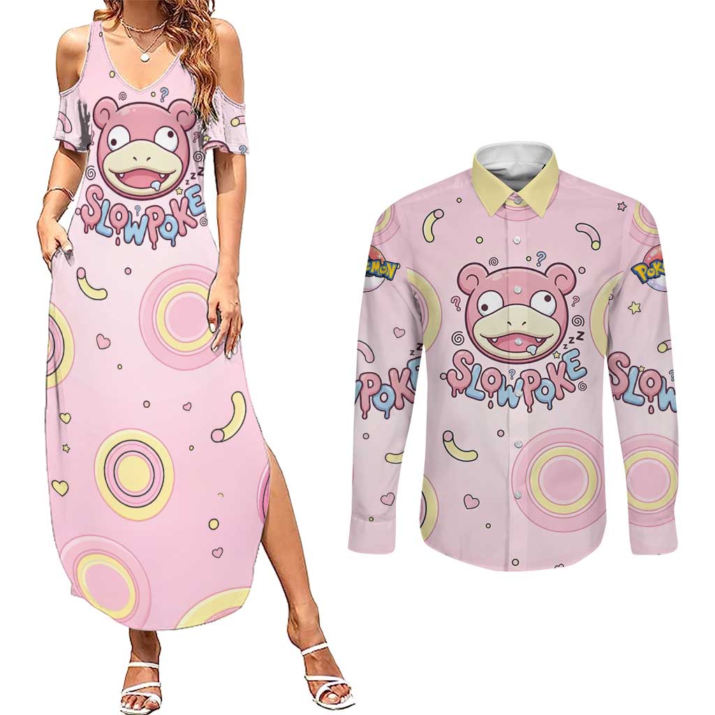 Slowpoke Couples Matching Summer Maxi Dress and Long Sleeve Button Shirt Sleepy Bubblegum Daydream Art