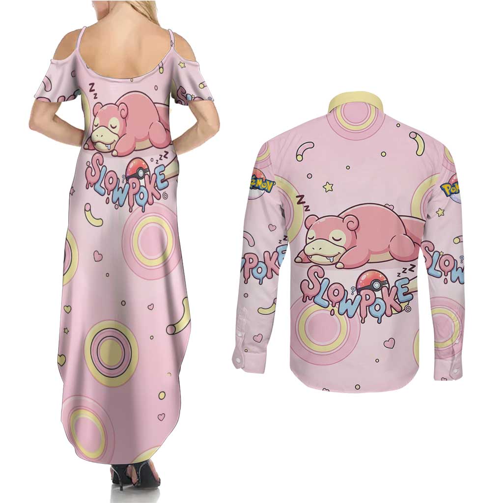 Slowpoke Couples Matching Summer Maxi Dress and Long Sleeve Button Shirt Sleepy Bubblegum Daydream Art