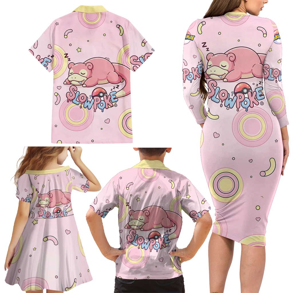 Slowpoke Family Matching Long Sleeve Bodycon Dress and Hawaiian Shirt Sleepy Bubblegum Daydream Art