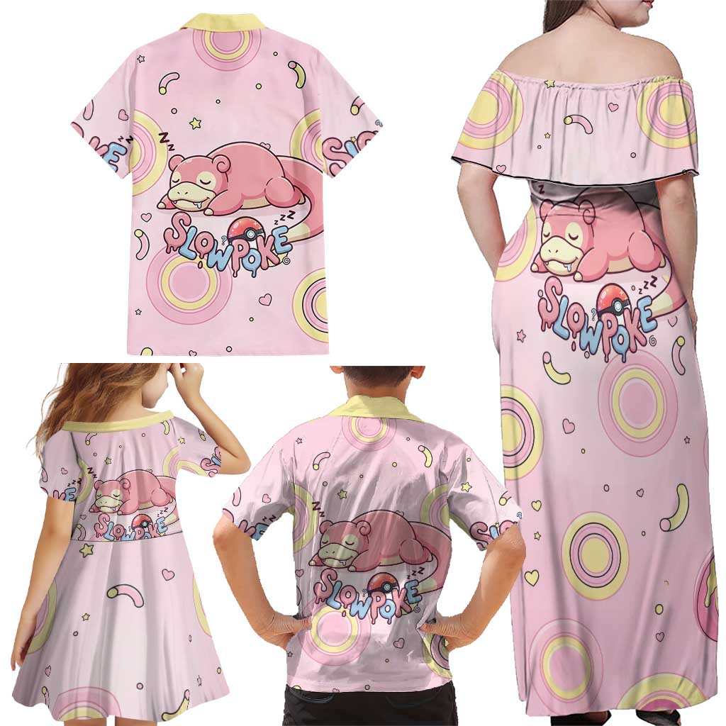 Slowpoke Family Matching Off Shoulder Maxi Dress and Hawaiian Shirt Sleepy Bubblegum Daydream Art