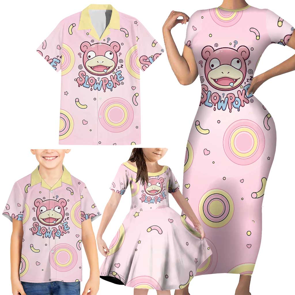 Slowpoke Family Matching Short Sleeve Bodycon Dress and Hawaiian Shirt Sleepy Bubblegum Daydream Art