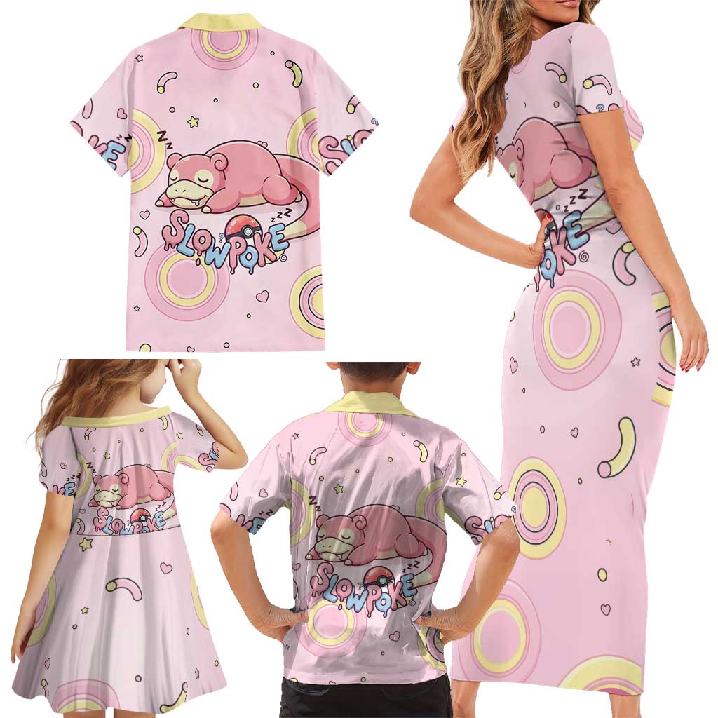 Slowpoke Family Matching Short Sleeve Bodycon Dress and Hawaiian Shirt Sleepy Bubblegum Daydream Art