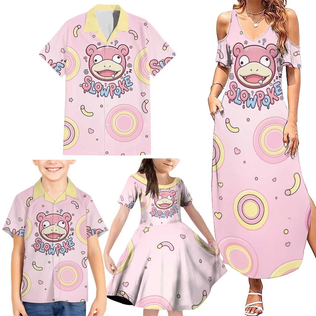 Slowpoke Family Matching Summer Maxi Dress and Hawaiian Shirt Sleepy Bubblegum Daydream Art