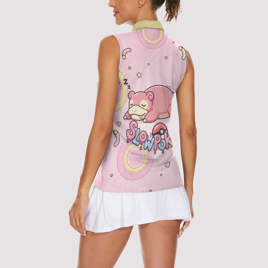 Slowpoke Women Sleeveless Polo Shirt Sleepy Bubblegum Daydream Art