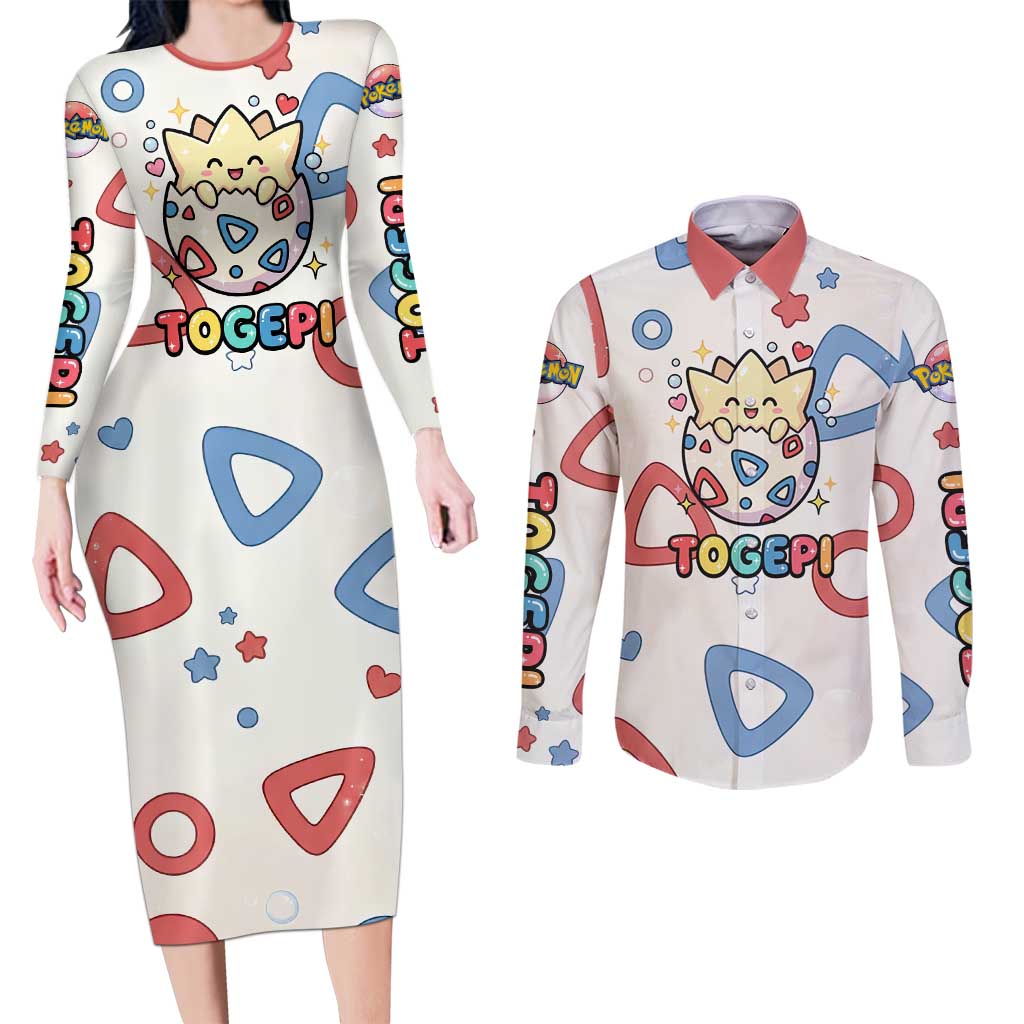 Togepi Couples Matching Long Sleeve Bodycon Dress and Long Sleeve Button Shirt Joyful Eggshell Whimsy Art