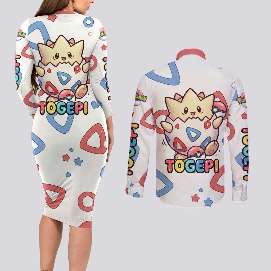 Togepi Couples Matching Long Sleeve Bodycon Dress and Long Sleeve Button Shirt Joyful Eggshell Whimsy Art