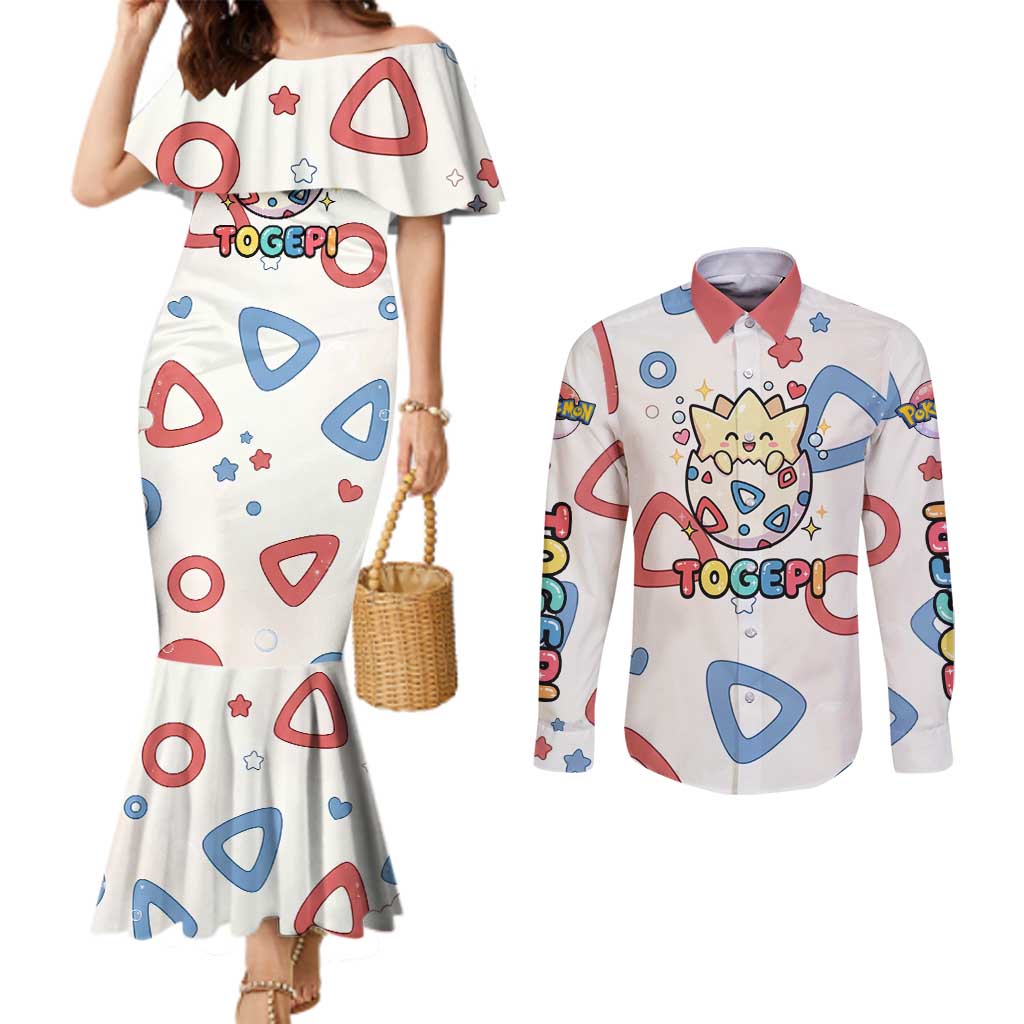 Togepi Couples Matching Mermaid Dress and Long Sleeve Button Shirt Joyful Eggshell Whimsy Art