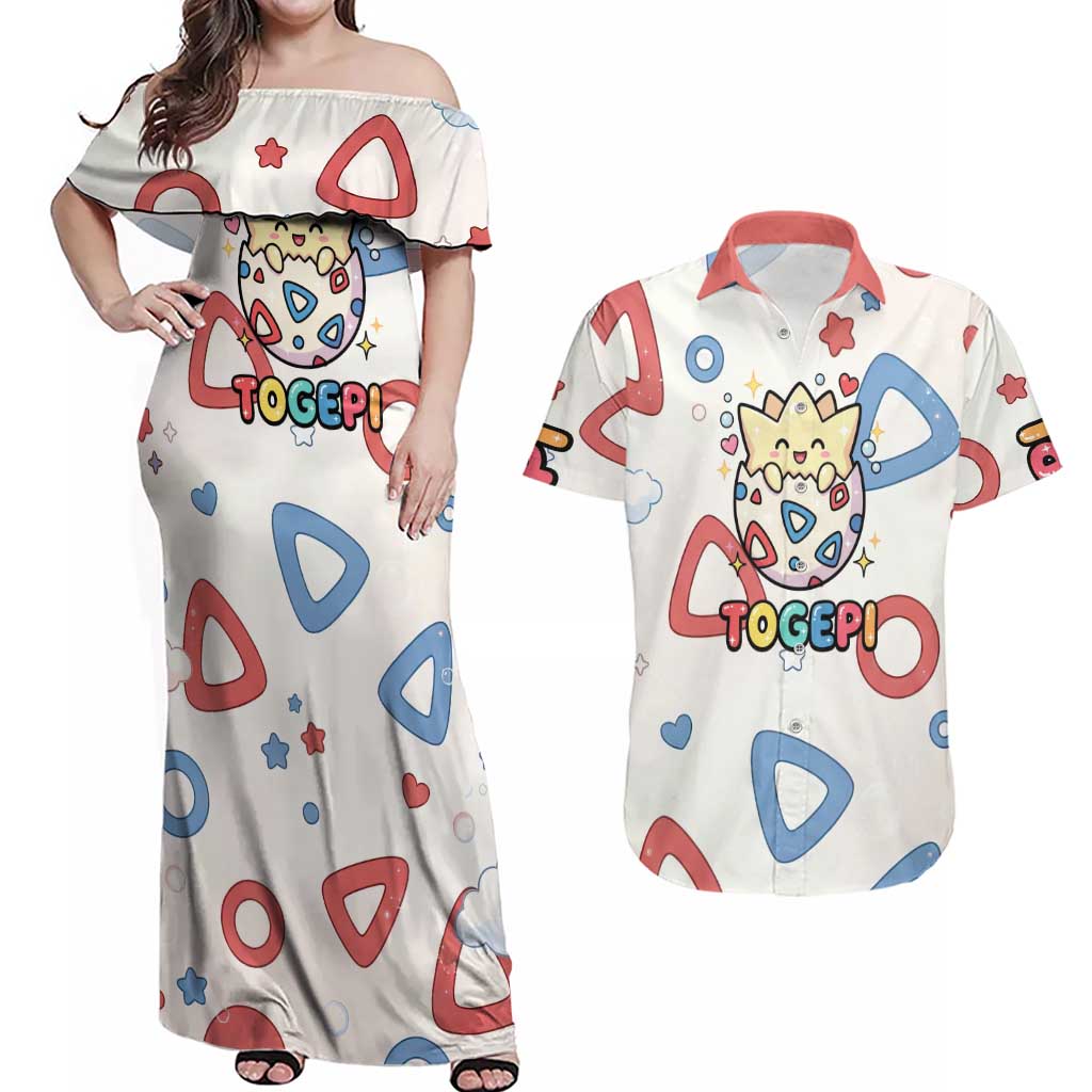 Togepi Couples Matching Off Shoulder Maxi Dress and Hawaiian Shirt Joyful Eggshell Whimsy Art