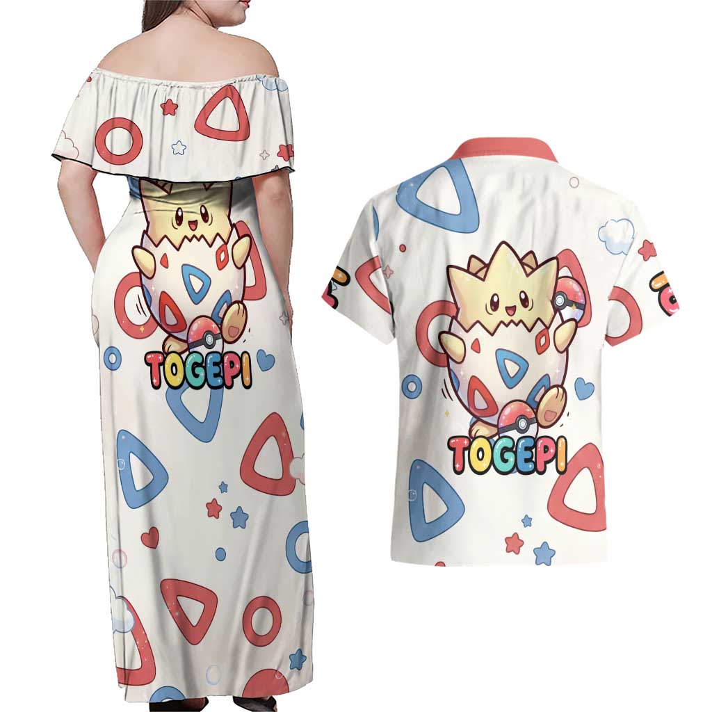 Togepi Couples Matching Off Shoulder Maxi Dress and Hawaiian Shirt Joyful Eggshell Whimsy Art