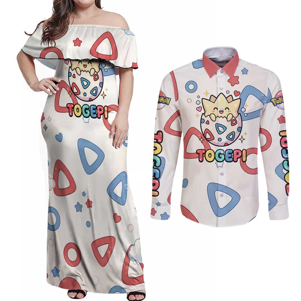 Togepi Couples Matching Off Shoulder Maxi Dress and Long Sleeve Button Shirt Joyful Eggshell Whimsy Art