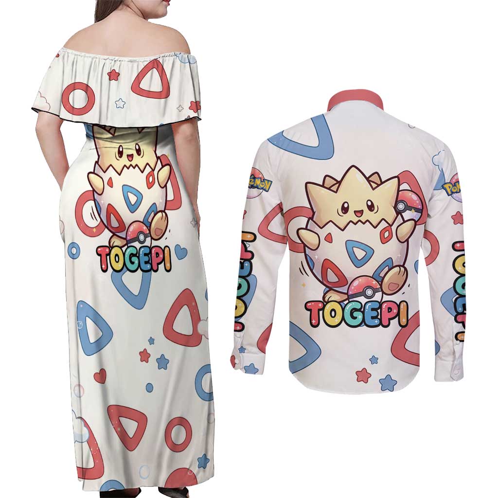 Togepi Couples Matching Off Shoulder Maxi Dress and Long Sleeve Button Shirt Joyful Eggshell Whimsy Art