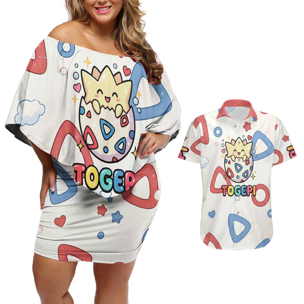 Togepi Couples Matching Off Shoulder Short Dress and Hawaiian Shirt Joyful Eggshell Whimsy Art