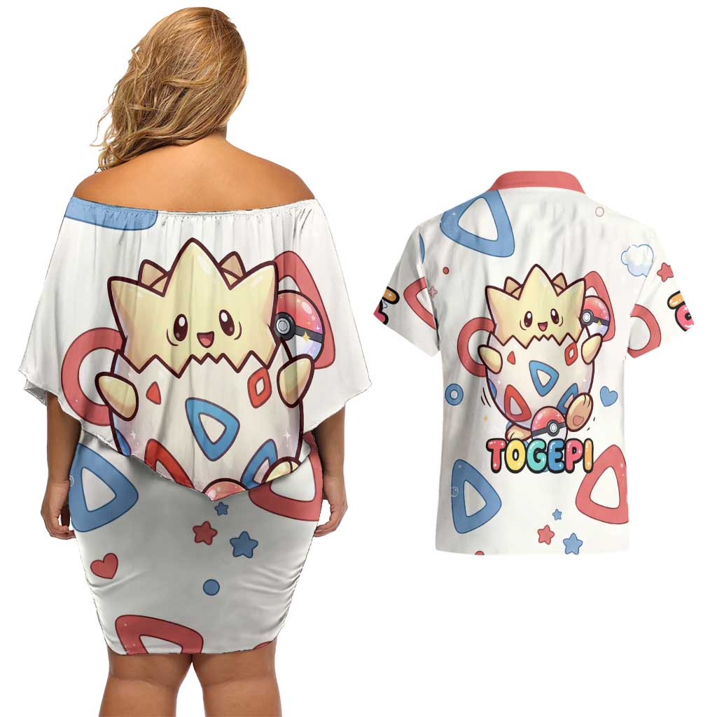 Togepi Couples Matching Off Shoulder Short Dress and Hawaiian Shirt Joyful Eggshell Whimsy Art