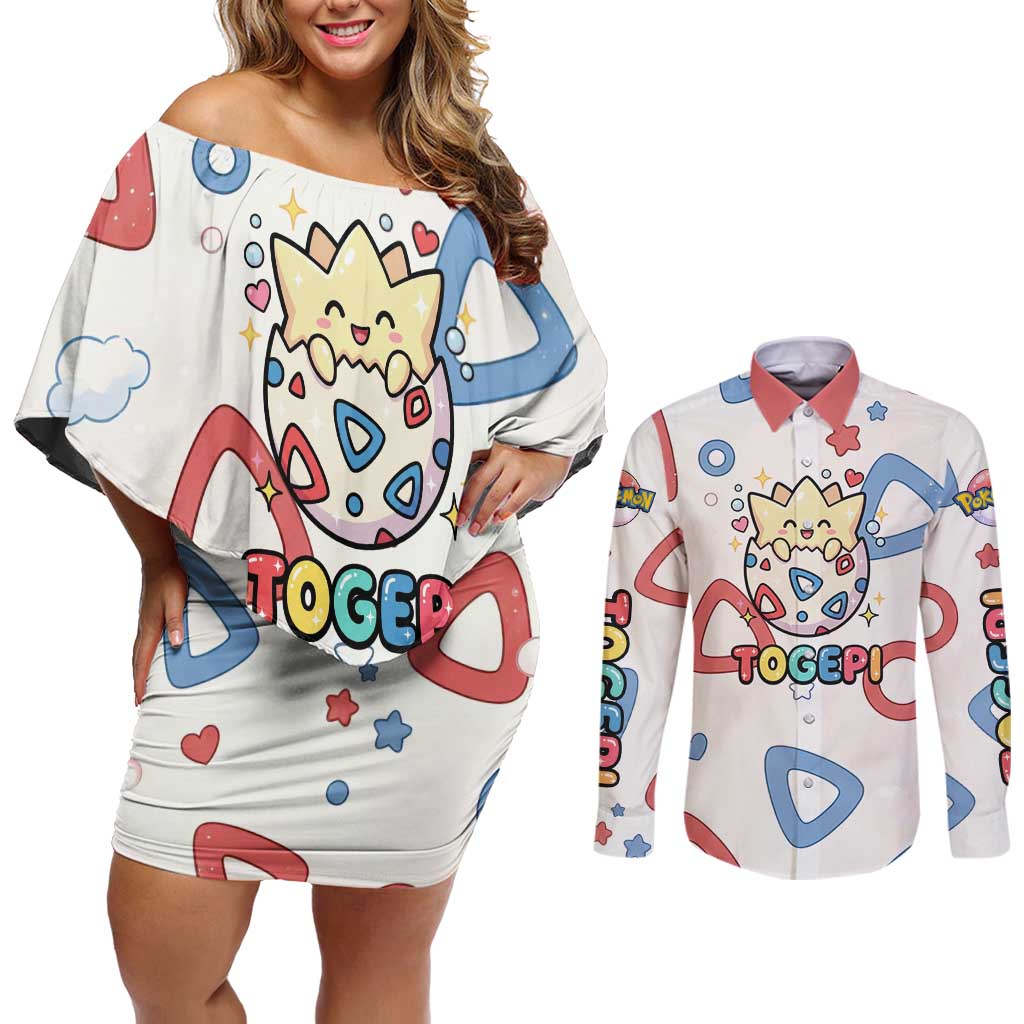 Togepi Couples Matching Off Shoulder Short Dress and Long Sleeve Button Shirt Joyful Eggshell Whimsy Art
