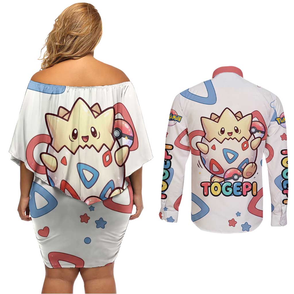 Togepi Couples Matching Off Shoulder Short Dress and Long Sleeve Button Shirt Joyful Eggshell Whimsy Art