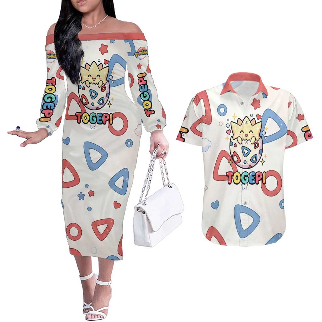 Togepi Couples Matching Off The Shoulder Long Sleeve Dress and Hawaiian Shirt Joyful Eggshell Whimsy Art
