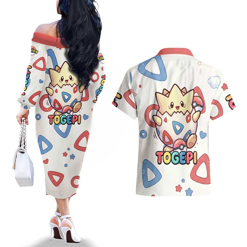 Togepi Couples Matching Off The Shoulder Long Sleeve Dress and Hawaiian Shirt Joyful Eggshell Whimsy Art