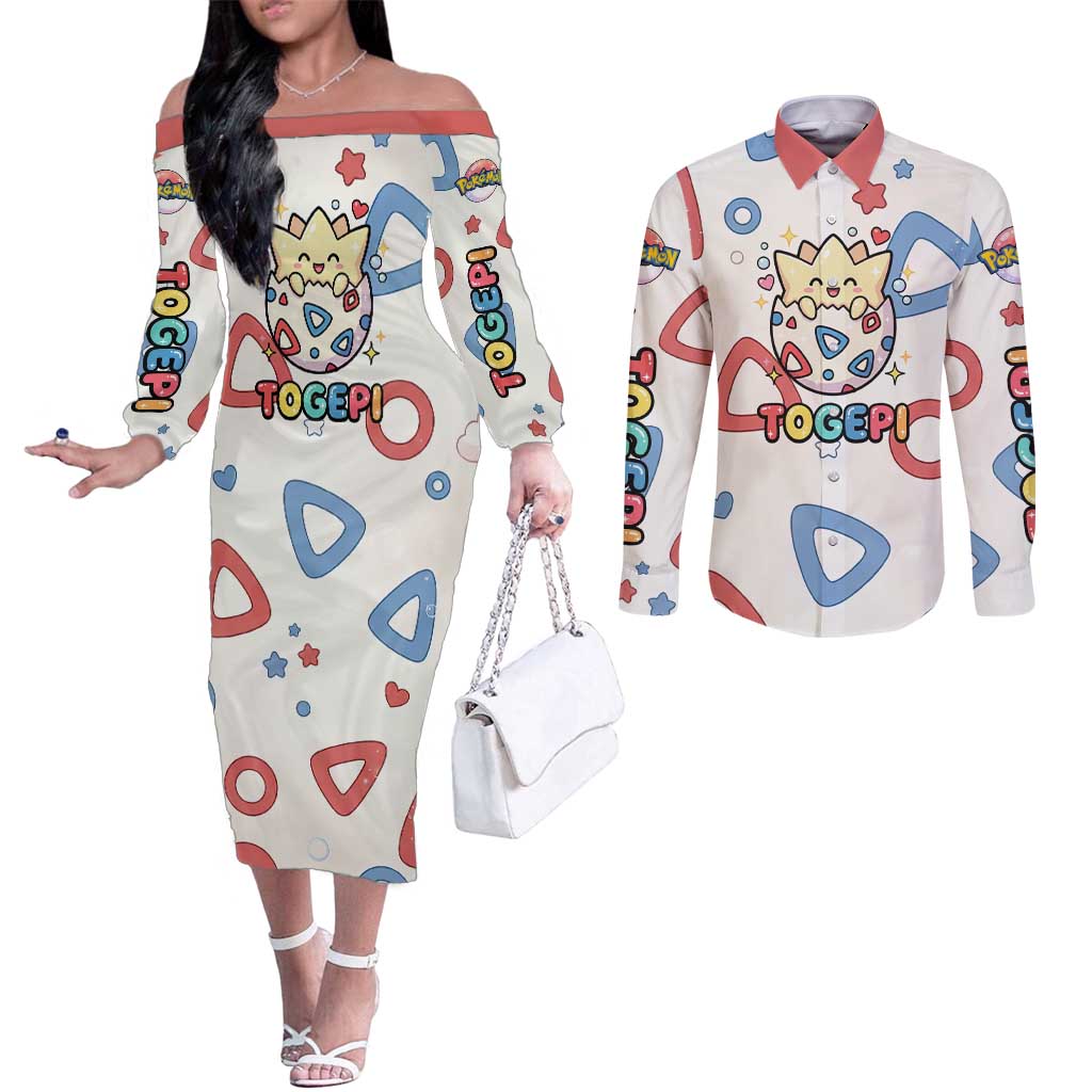 Togepi Couples Matching Off The Shoulder Long Sleeve Dress and Long Sleeve Button Shirt Joyful Eggshell Whimsy Art