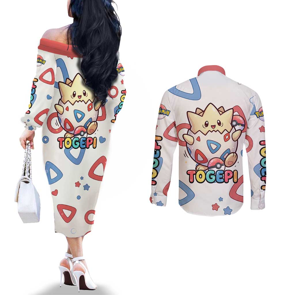 Togepi Couples Matching Off The Shoulder Long Sleeve Dress and Long Sleeve Button Shirt Joyful Eggshell Whimsy Art