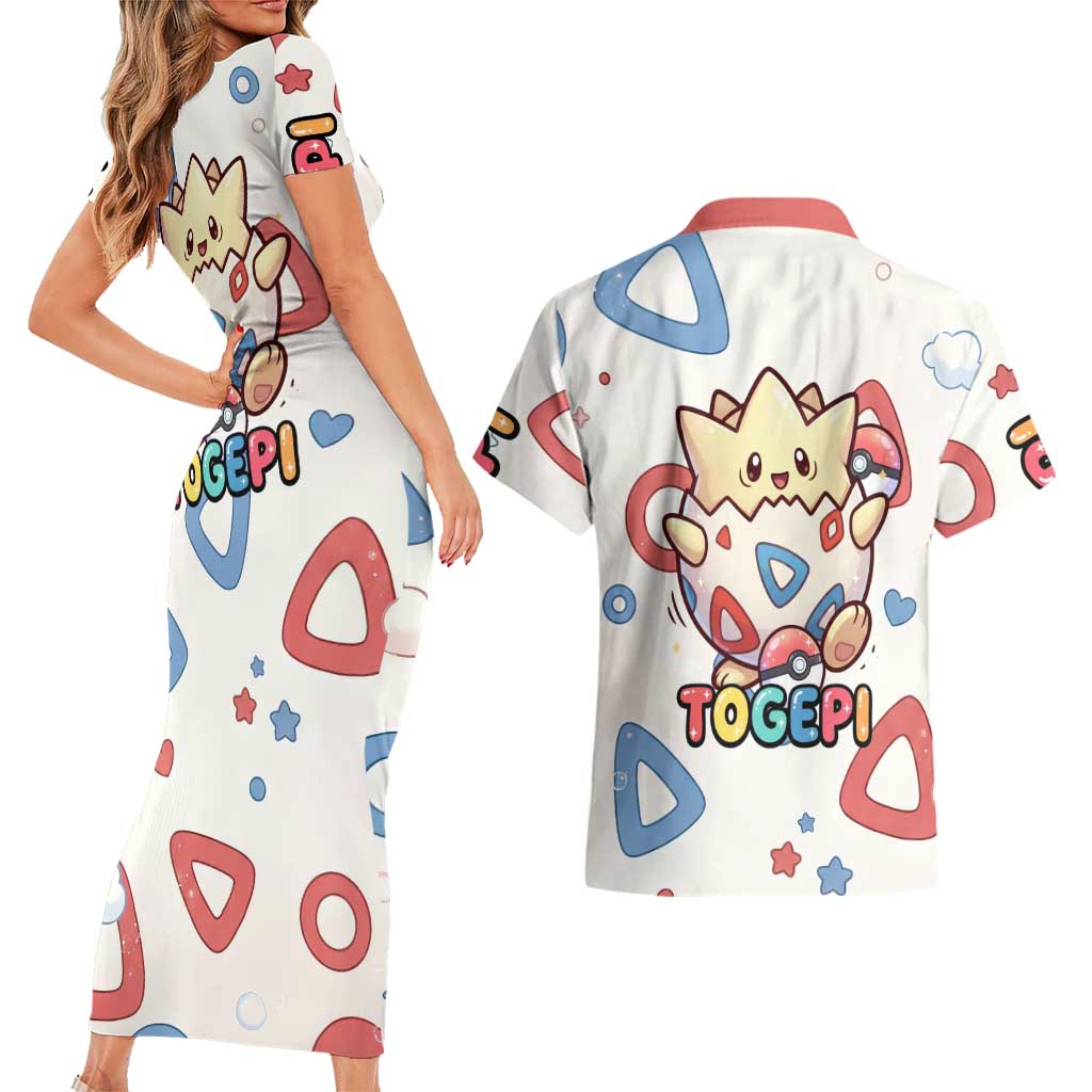Togepi Couples Matching Short Sleeve Bodycon Dress and Hawaiian Shirt Joyful Eggshell Whimsy Art