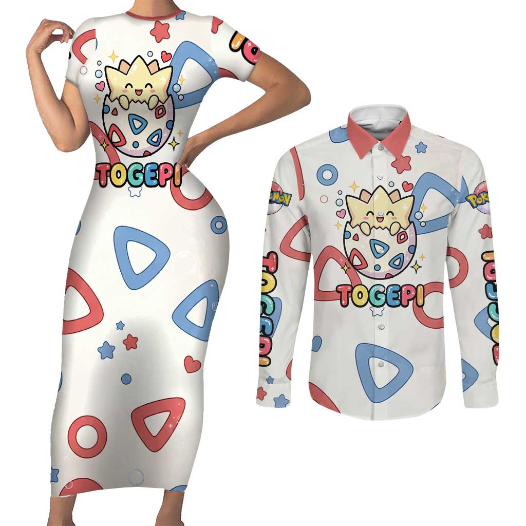 Togepi Couples Matching Short Sleeve Bodycon Dress and Long Sleeve Button Shirt Joyful Eggshell Whimsy Art