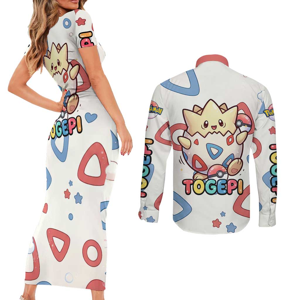Togepi Couples Matching Short Sleeve Bodycon Dress and Long Sleeve Button Shirt Joyful Eggshell Whimsy Art