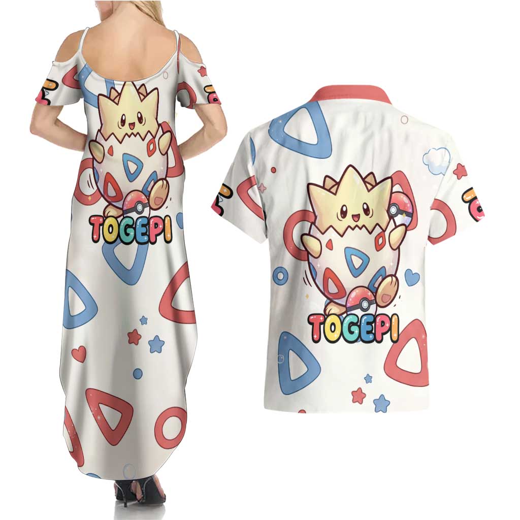 Togepi Couples Matching Summer Maxi Dress and Hawaiian Shirt Joyful Eggshell Whimsy Art