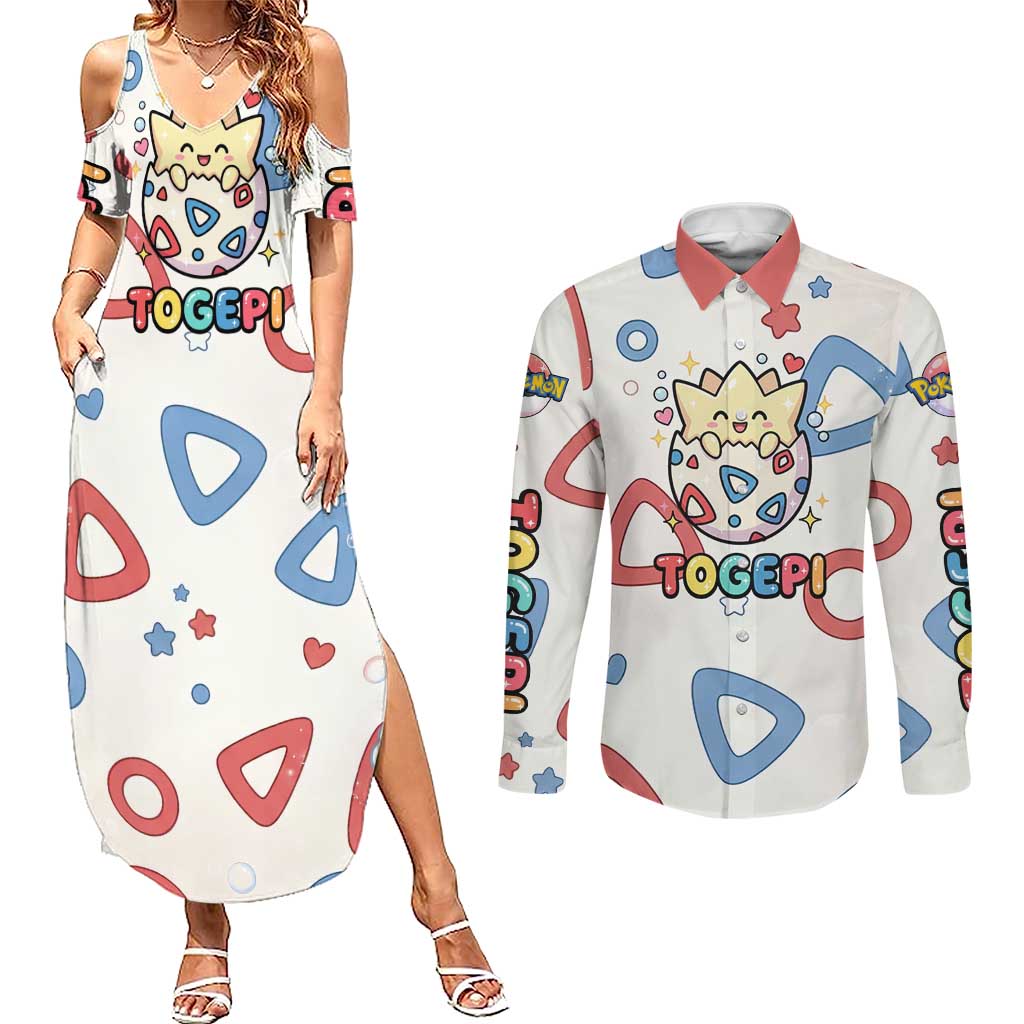 Togepi Couples Matching Summer Maxi Dress and Long Sleeve Button Shirt Joyful Eggshell Whimsy Art