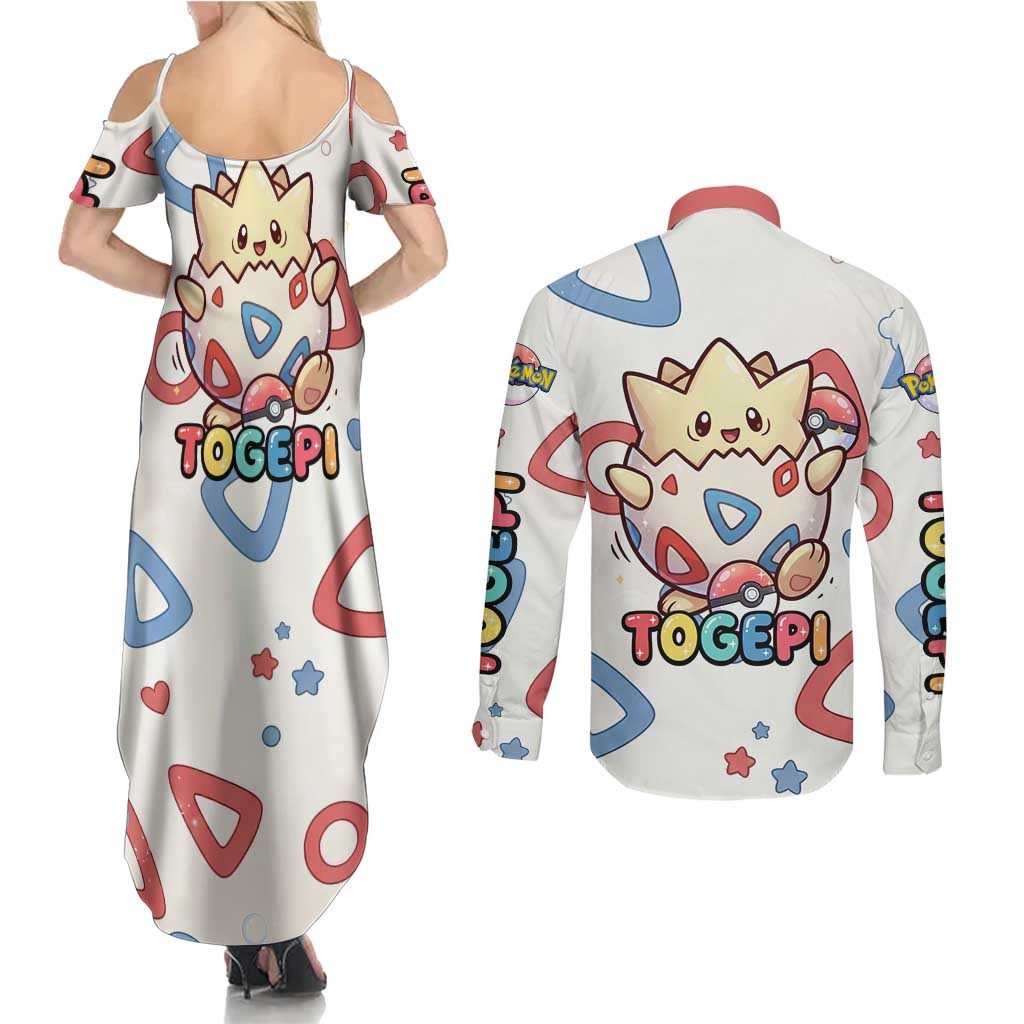 Togepi Couples Matching Summer Maxi Dress and Long Sleeve Button Shirt Joyful Eggshell Whimsy Art