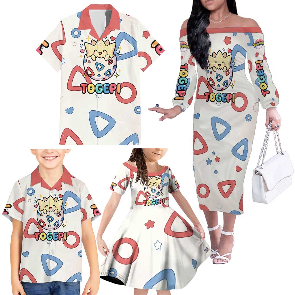 Togepi Family Matching Off The Shoulder Long Sleeve Dress and Hawaiian Shirt Joyful Eggshell Whimsy Art
