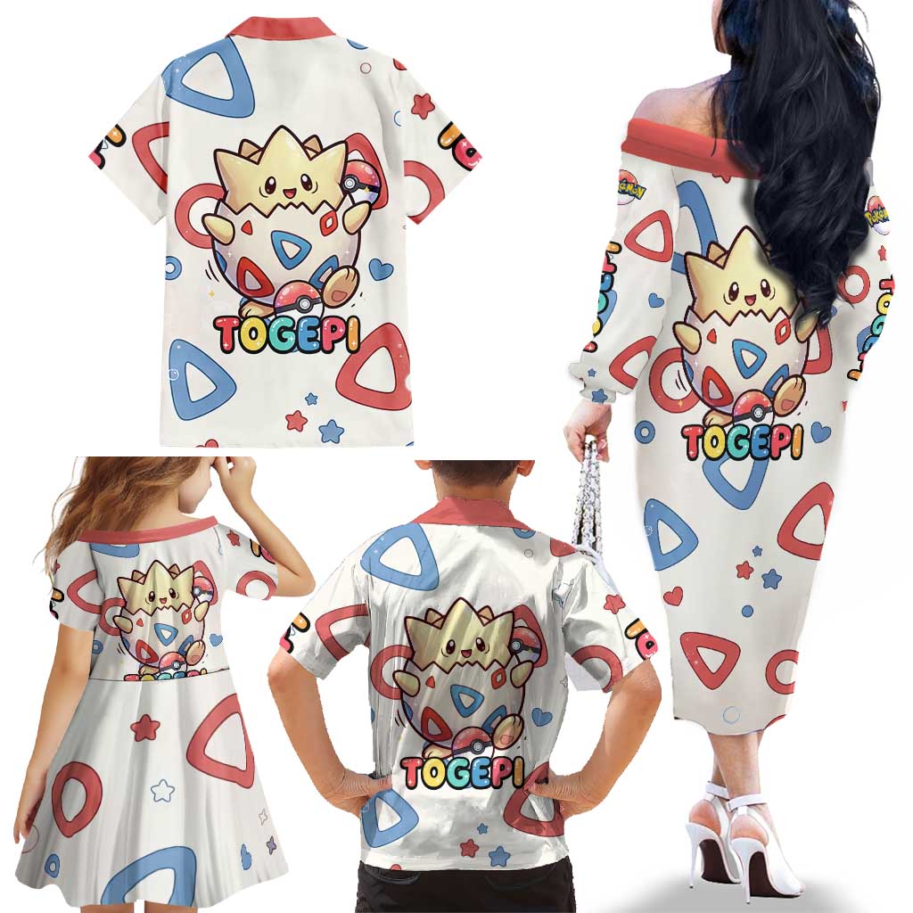Togepi Family Matching Off The Shoulder Long Sleeve Dress and Hawaiian Shirt Joyful Eggshell Whimsy Art