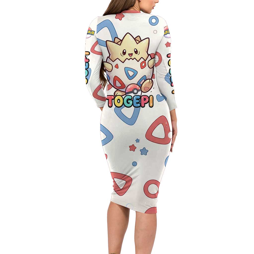 Togepi Long Sleeve Bodycon Dress Joyful Eggshell Whimsy Art