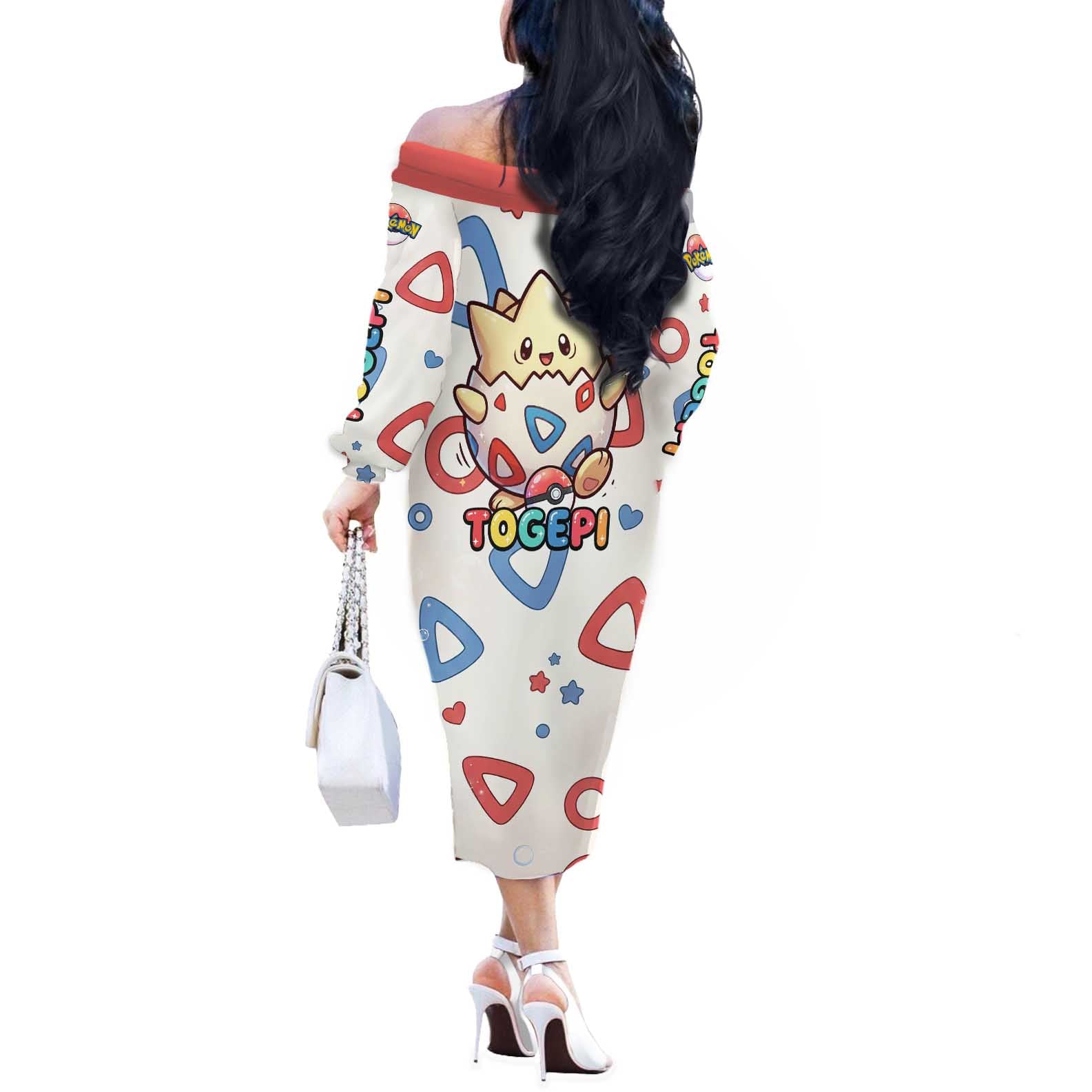 Togepi Off The Shoulder Long Sleeve Dress Joyful Eggshell Whimsy Art