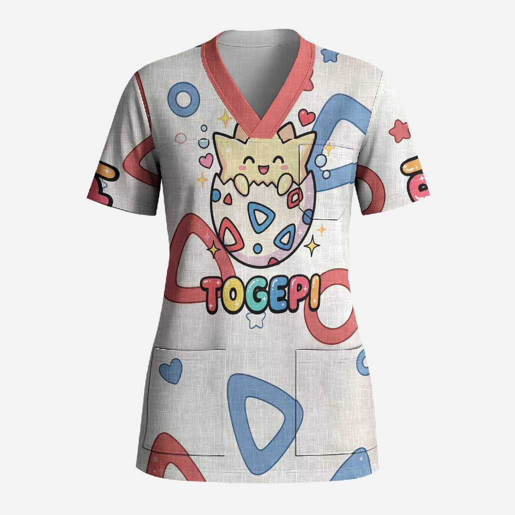 Togepi Scrub Top Joyful Eggshell Whimsy Art