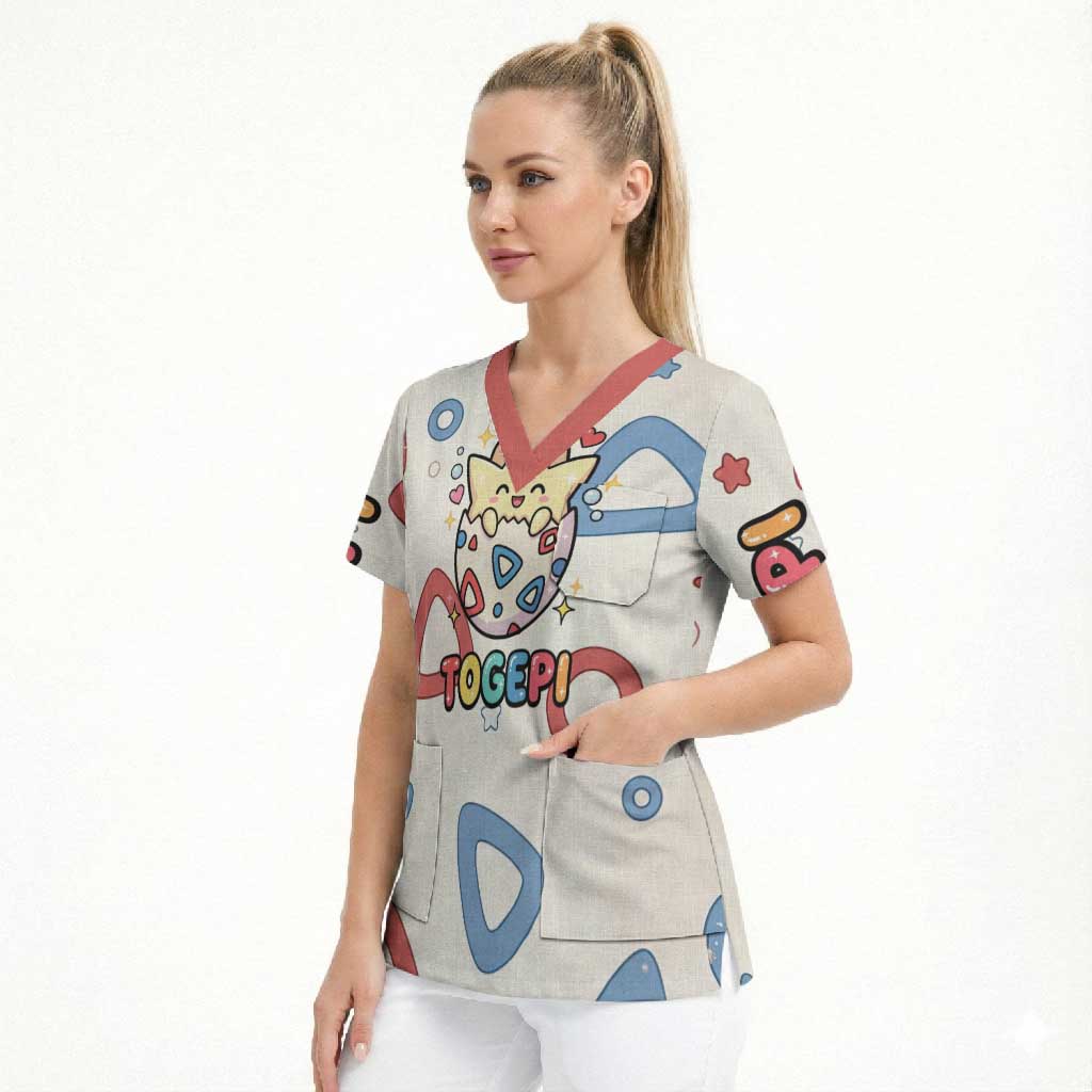 Togepi Scrub Top Joyful Eggshell Whimsy Art