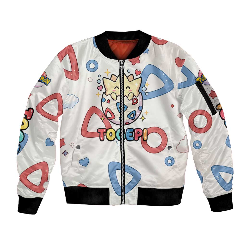 Togepi Sleeve Zip Bomber Jacket Joyful Eggshell Whimsy Art