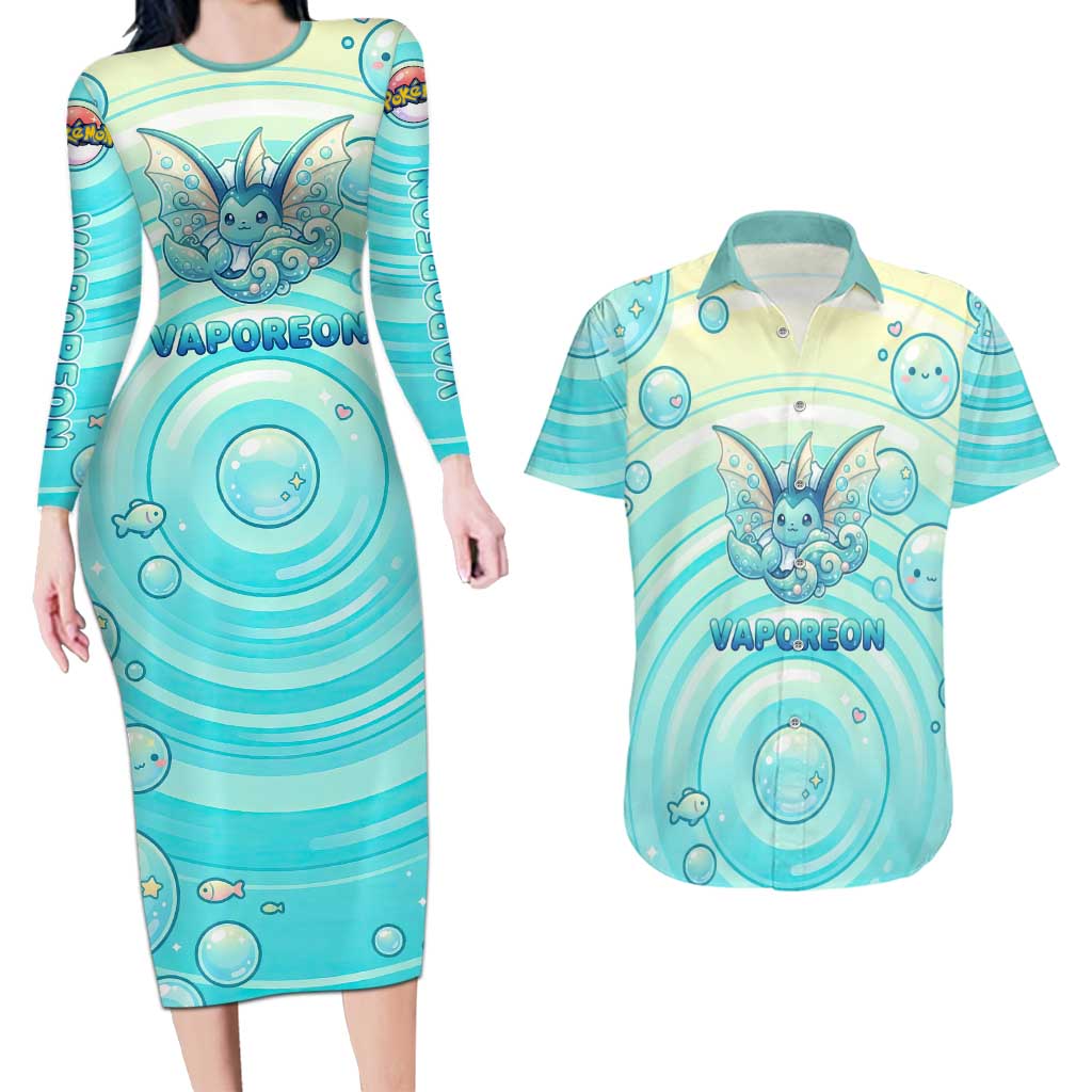 Vaporeon Couples Matching Long Sleeve Bodycon Dress and Hawaiian Shirt Dreamy Ocean Bubble Fantasy Art