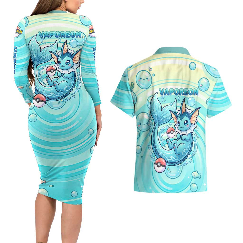 Vaporeon Couples Matching Long Sleeve Bodycon Dress and Hawaiian Shirt Dreamy Ocean Bubble Fantasy Art