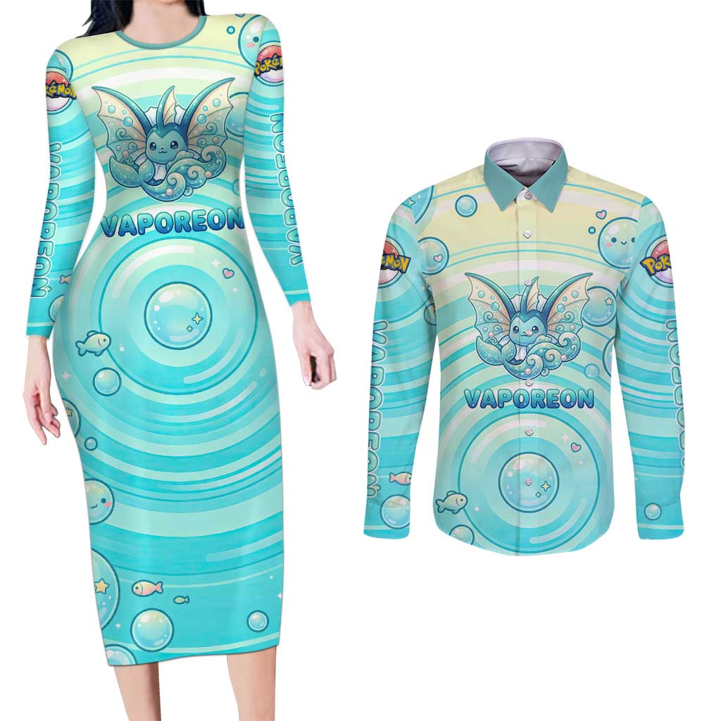 Vaporeon Couples Matching Long Sleeve Bodycon Dress and Long Sleeve Button Shirt Dreamy Ocean Bubble Fantasy Art