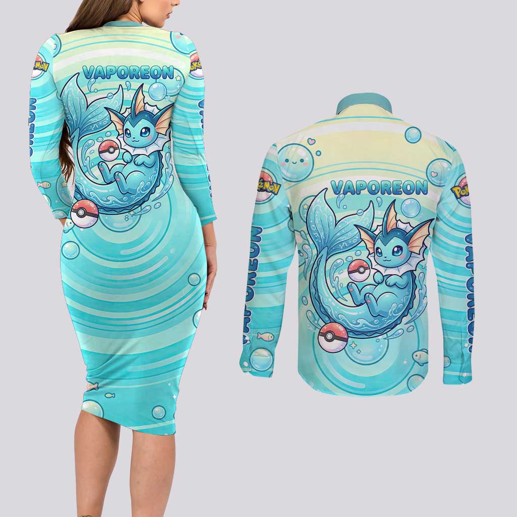 Vaporeon Couples Matching Long Sleeve Bodycon Dress and Long Sleeve Button Shirt Dreamy Ocean Bubble Fantasy Art